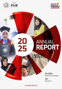 Sampul depan Annual Report 2025 LAZ Assyifa Peduli yang menampilkan kolase foto penyaluran program dan pencapaian lebih dari 174.000 penerima manfaat.